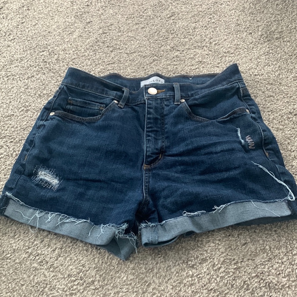 Loft size 28 dark wash jean shorts with distressed detailing
